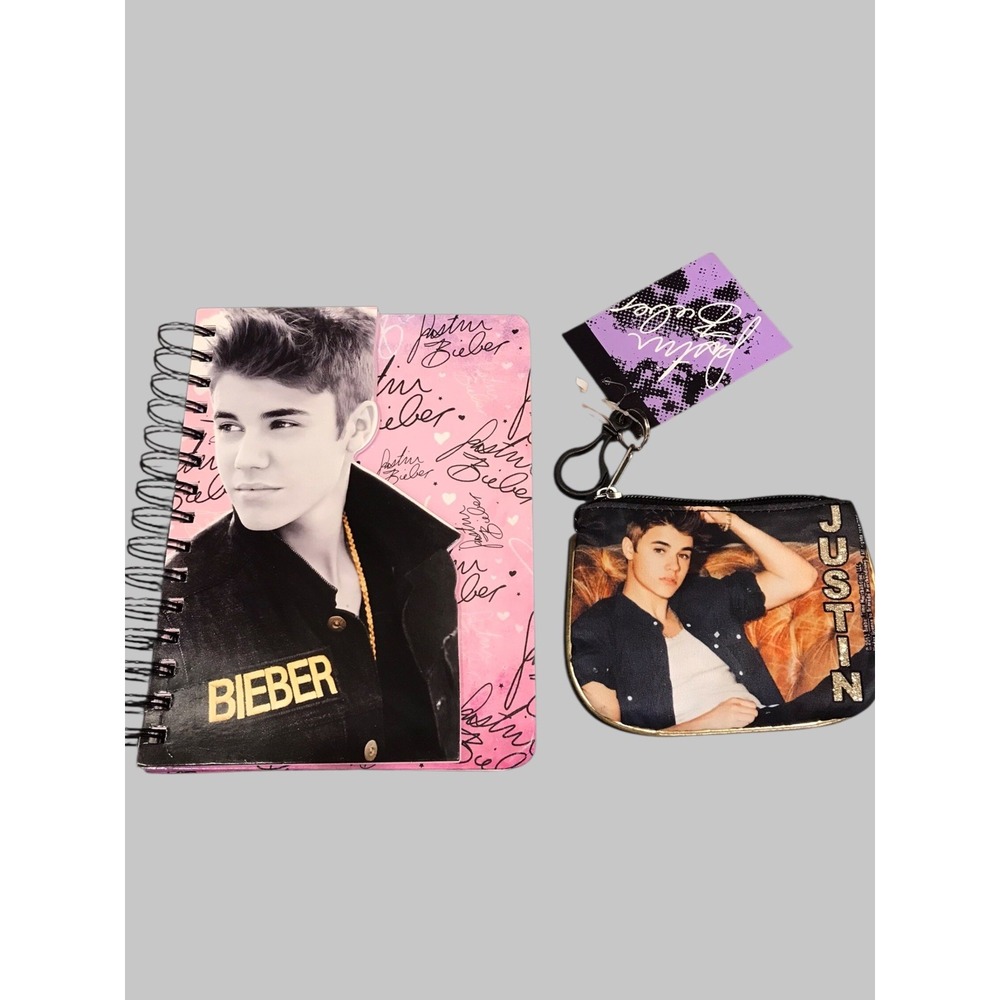 VTG NEW young Justin Bieber Canvas Black/Gold‎ Coin Purse Keychain & Notebook